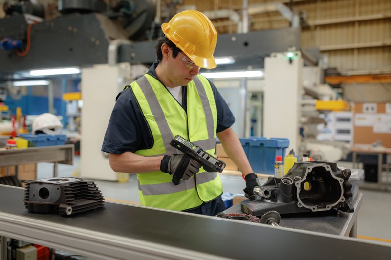 Manufacturing worker using a Zebra Technologies MC9400 Mobile Computer to scan parts on an assembly line.