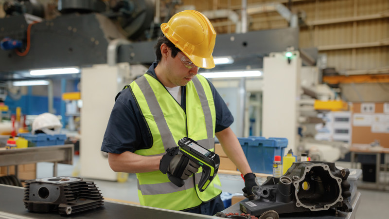 Manufacturing worker using a TC52 Zebra rugged phone to scan parts