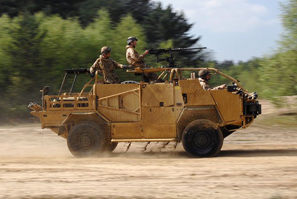 A Jackal 2 connected battlefield vehicle speeding across a terrain 