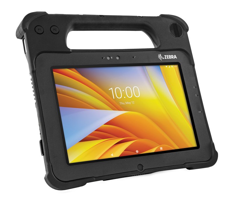 The Zebra L10 tablet, shown with a bright, colourful screen and black casing with handle..
