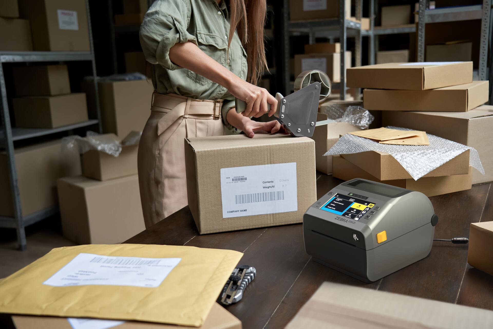 Worker packing boxes using a Zebra Technologies ZD621d printer to print packing labels