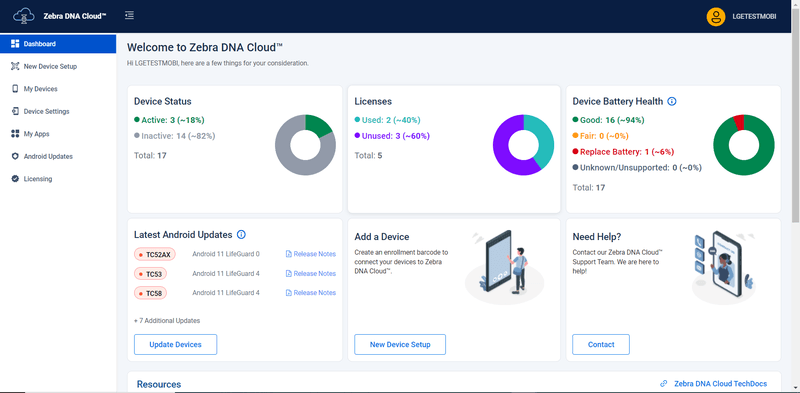 Zebra software, DNA Cloud dashboard